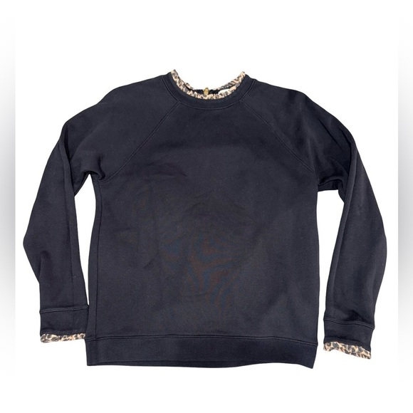 J. Crew Tops - J.Crew Black Crewneck Sweatshirt Leopard Trim 100% Cotton Size M Basics Cozy